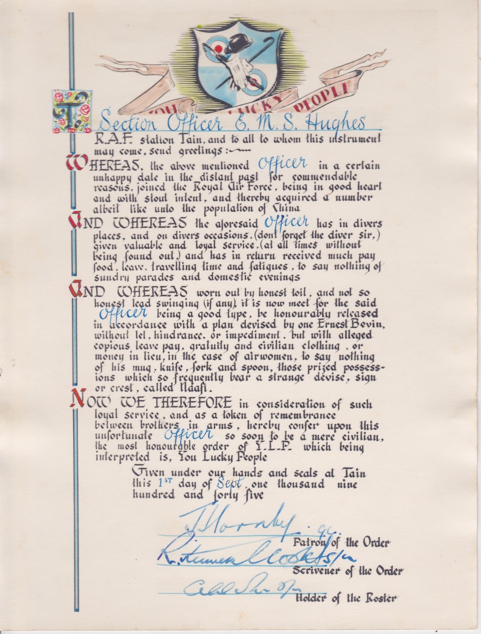 You Lucky People certificate, 1945 - website