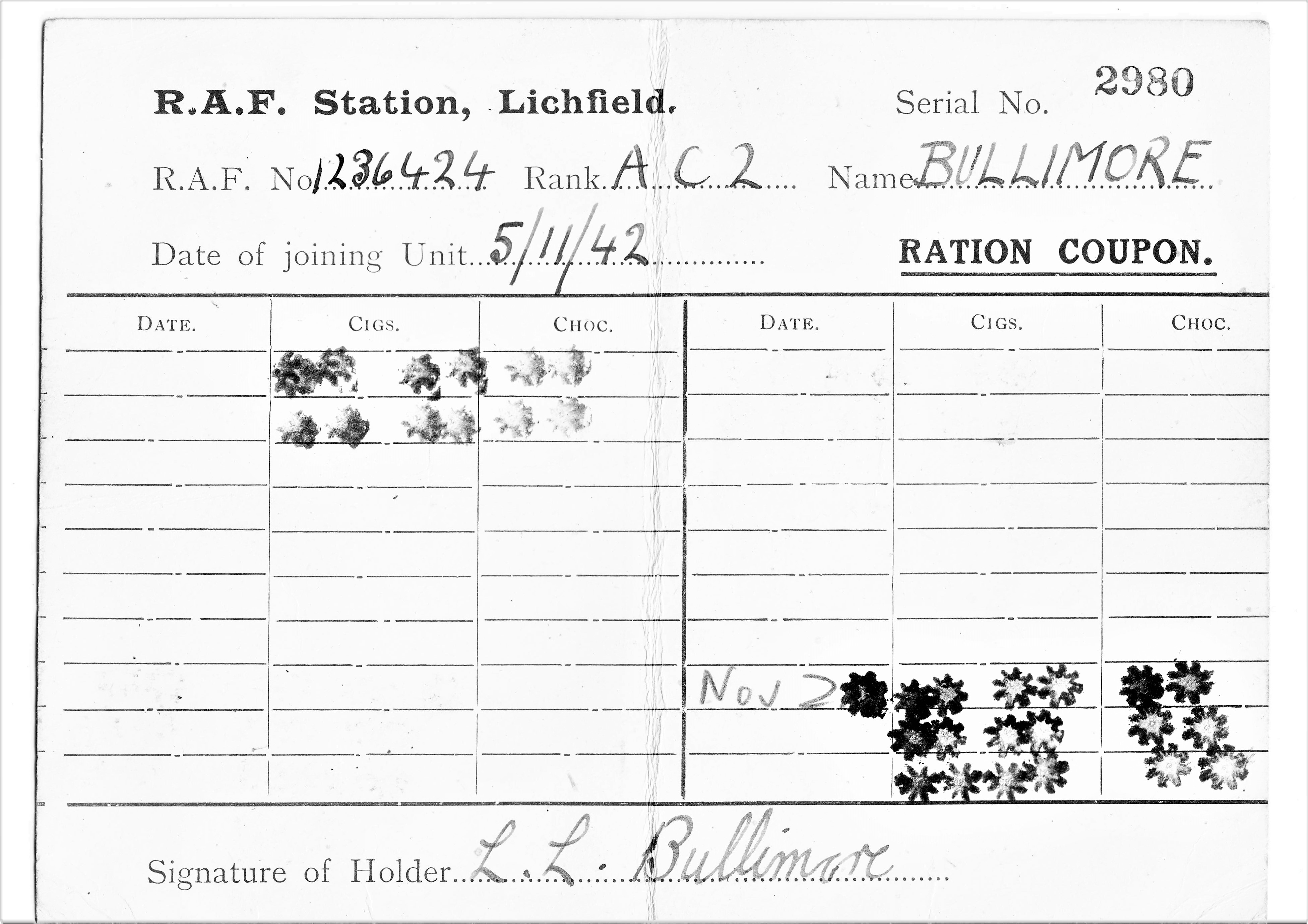 bullimore ration coupon, novermber 1942