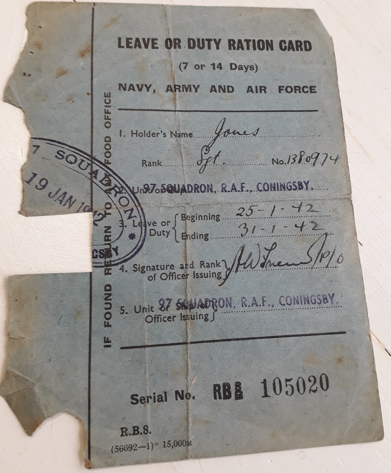 leslie jones ration card, 97 squadron low-res