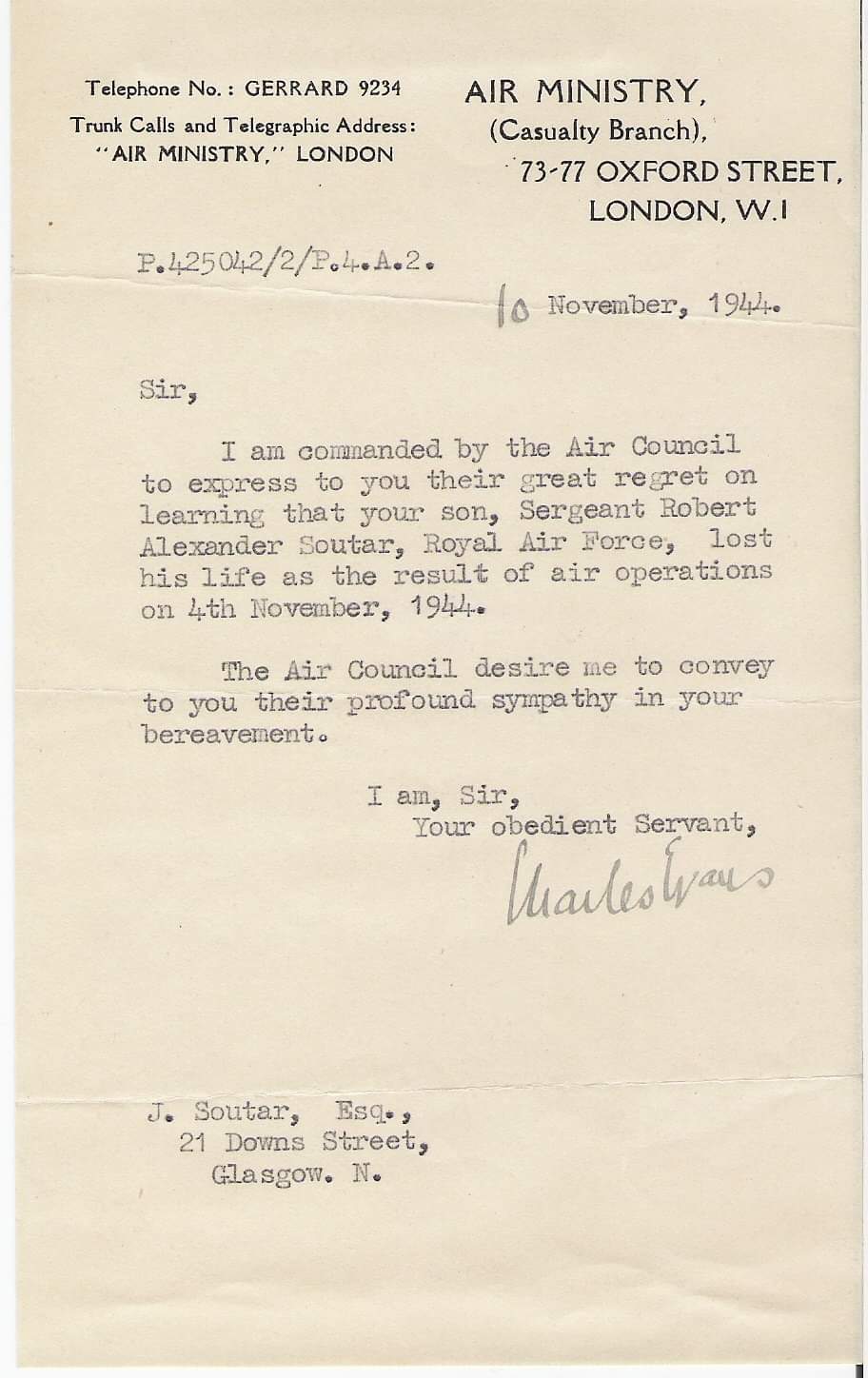 soutar, air ministry letter
